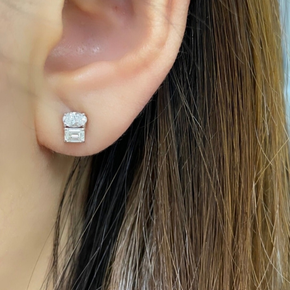 Oval and Emerald Cut Natural Diamond Stud Earring. Gift for her, for anniversary